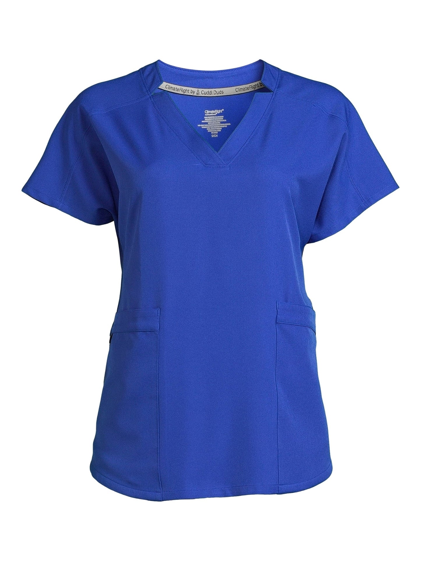 ClimateRight by Cuddl Duds Women’s and Women's Plus Woven Twill V-Neck Scrub Top with Silver Ion Anti-Bacterial Technology Metro Blue