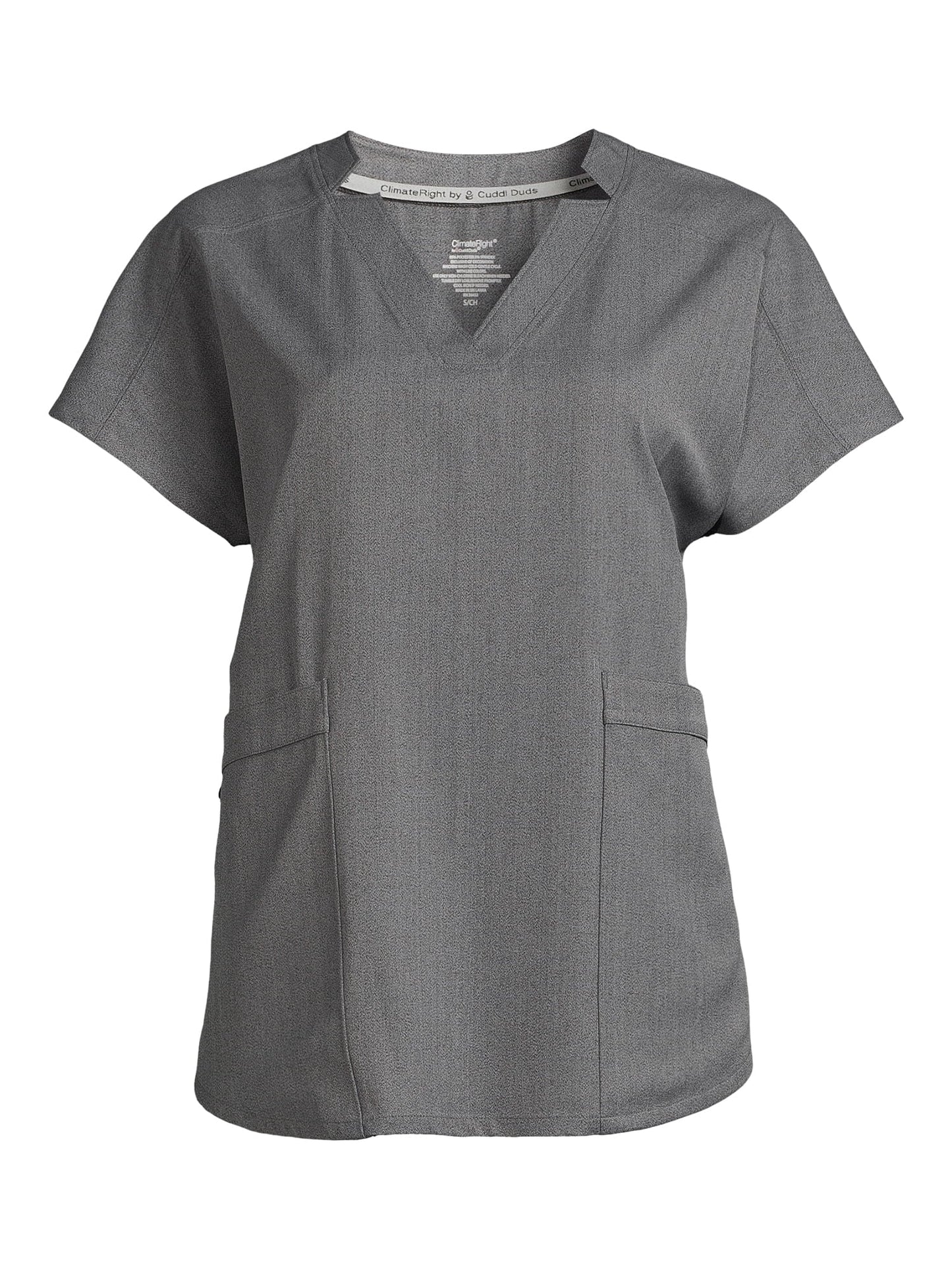 ClimateRight by Cuddl Duds Women’s and Women's Plus Woven Twill V-Neck Scrub Top with Silver Ion Anti-Bacterial Technology Charcoal Heather Grey