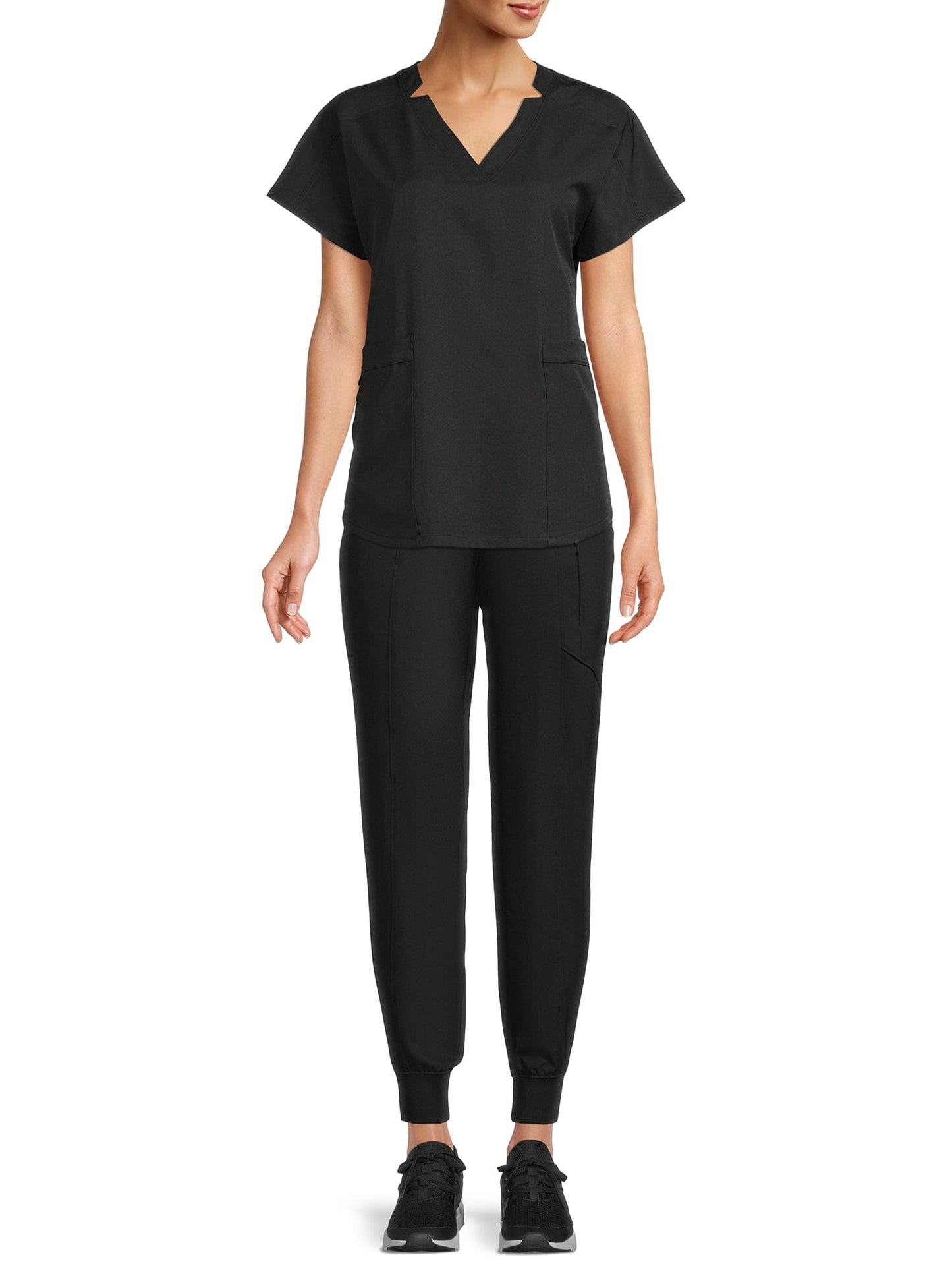 ClimateRight by Cuddl Duds Women’s and Women's Plus Woven Twill V-Neck Scrub Top with Silver Ion Anti-Bacterial Technology Black