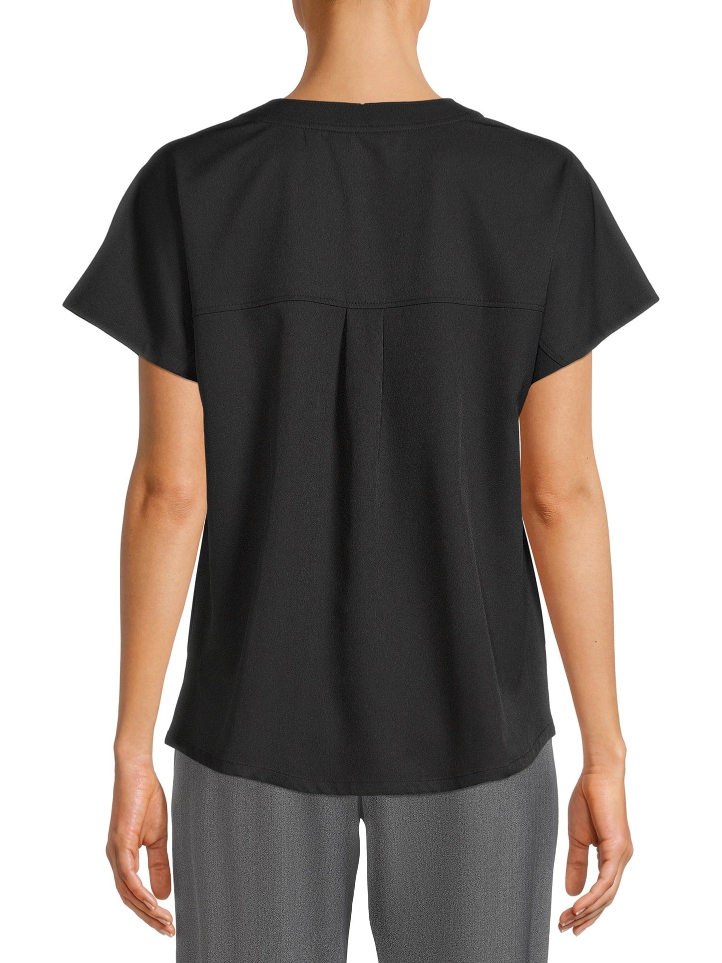 ClimateRight by Cuddl Duds Women’s and Women's Plus Woven Twill V-Neck Scrub Top with Silver Ion Anti-Bacterial Technology Black