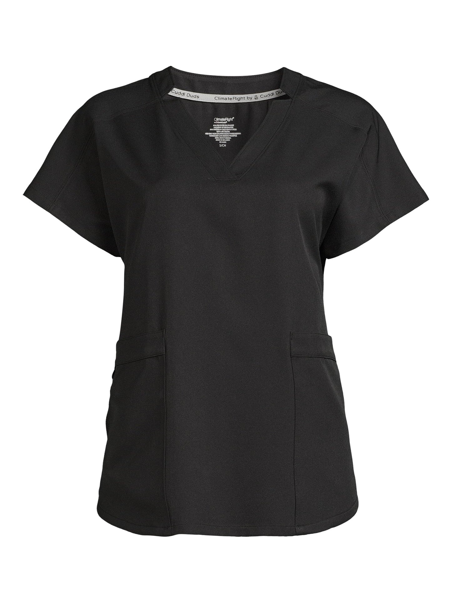 ClimateRight by Cuddl Duds Women’s and Women's Plus Woven Twill V-Neck Scrub Top with Silver Ion Anti-Bacterial Technology Black