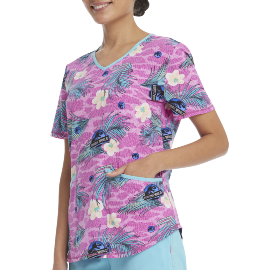 Scrub star women's Jurassic world Dino skin v-neck print scrub top