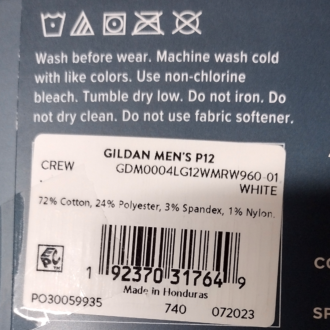Gildan Men's Stretch Cotton Crew Cut White Socks Shoe Size 6-12 12 pairs