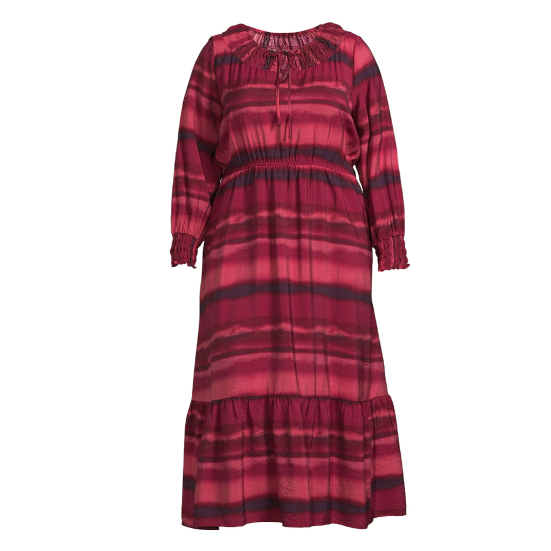 Terra & Sky Women's Plus Peasant Tiered Long Sleeve Maxi Dress Washy Stripe/Tuscan Rose
