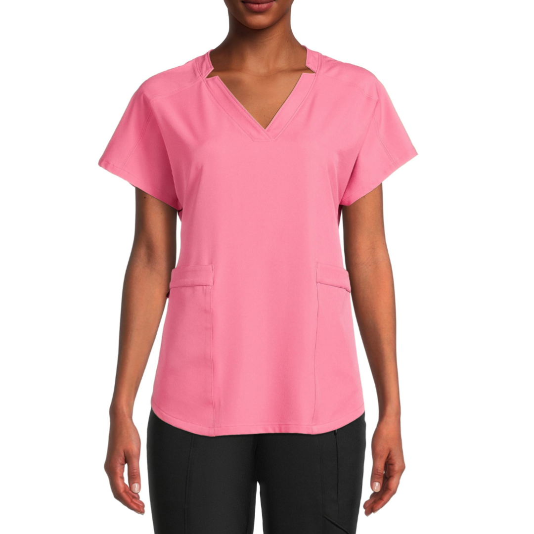 ClimateRight by Cuddl Duds Women’s and Women's Plus Woven Twill V-Neck Scrub Top with Silver Ion Anti-Bacterial Technology Pink