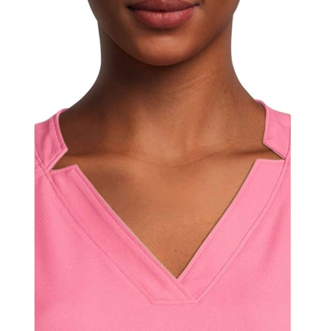 ClimateRight by Cuddl Duds Women’s and Women's Plus Woven Twill V-Neck Scrub Top with Silver Ion Anti-Bacterial Technology Pink