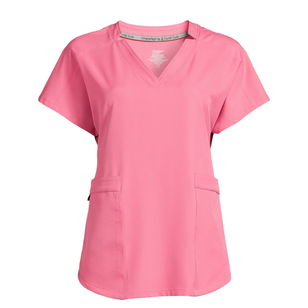 ClimateRight by Cuddl Duds Women’s and Women's Plus Woven Twill V-Neck Scrub Top with Silver Ion Anti-Bacterial Technology Pink