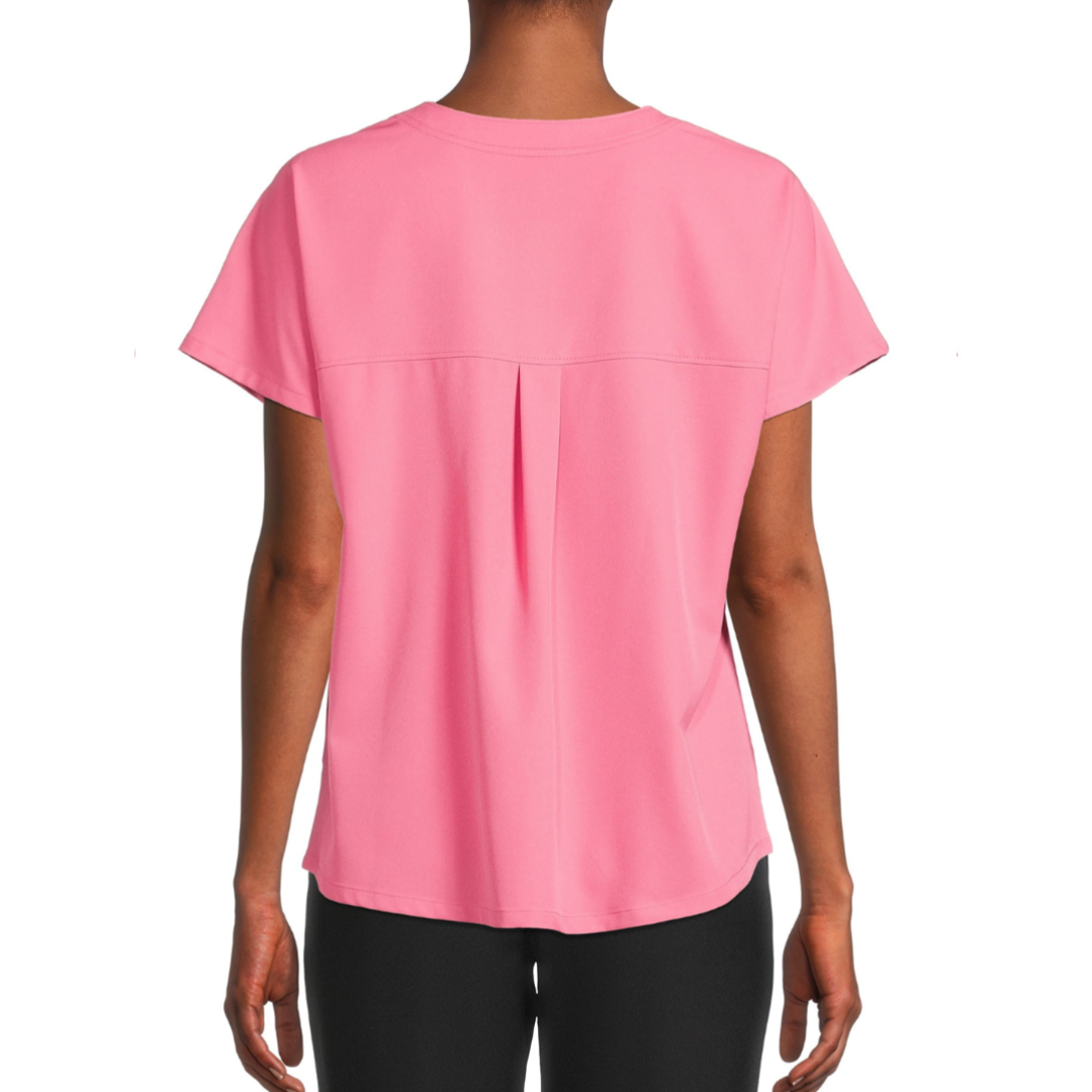 ClimateRight by Cuddl Duds Women’s and Women's Plus Woven Twill V-Neck Scrub Top with Silver Ion Anti-Bacterial Technology Pink