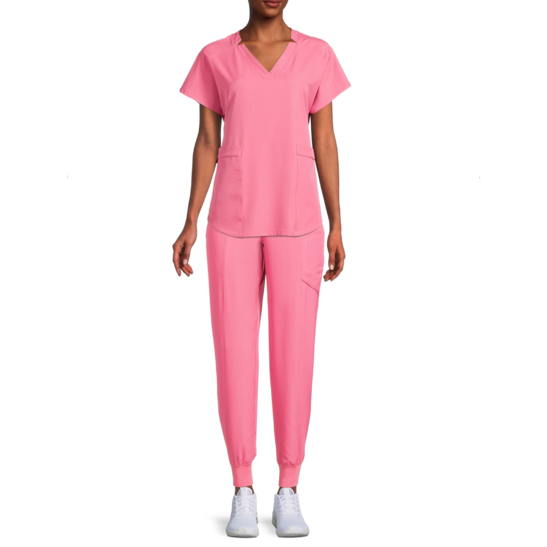 ClimateRight by Cuddl Duds Women’s and Women's Plus Woven Twill V-Neck Scrub Top with Silver Ion Anti-Bacterial Technology Pink