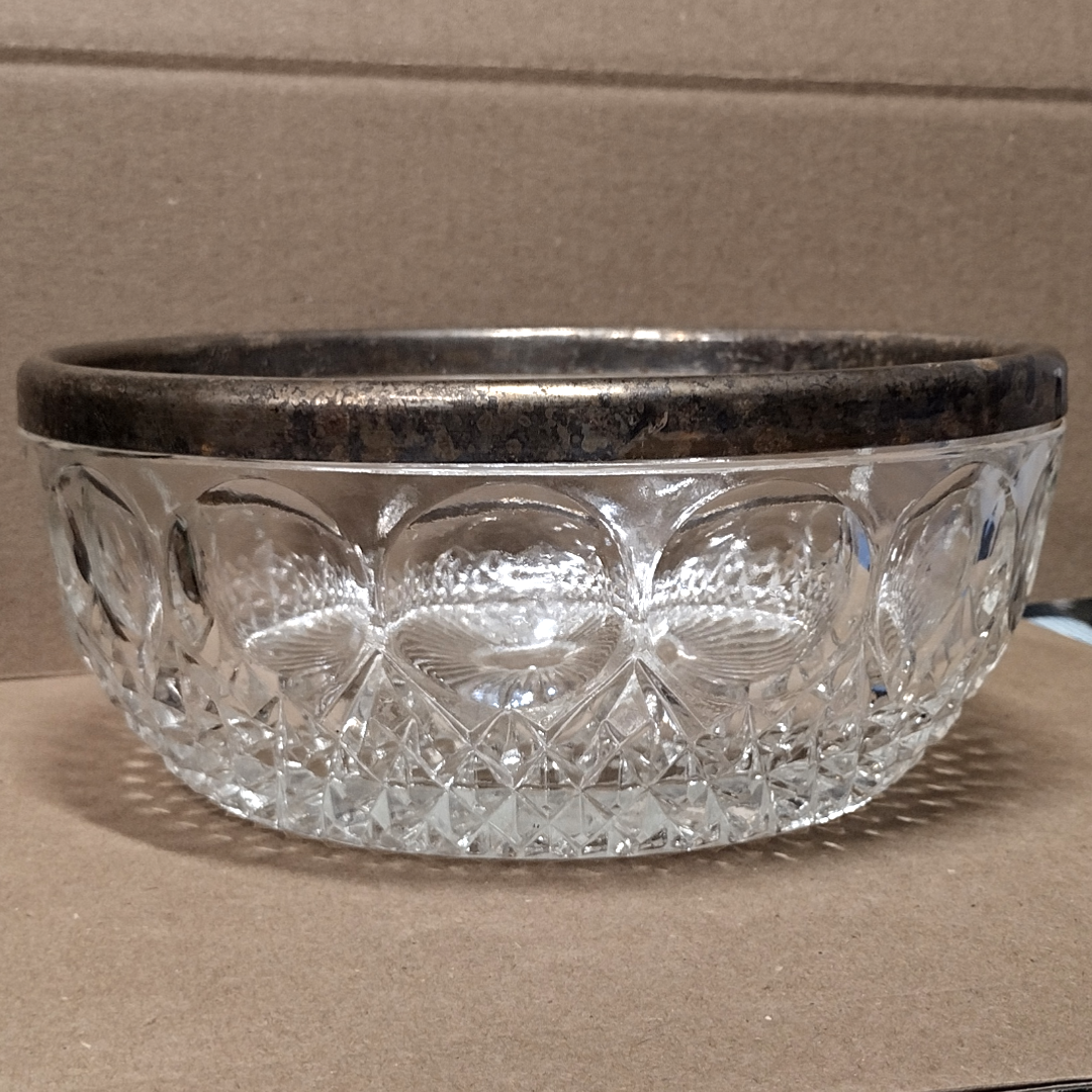 Antique American Brilliant Period Glass Bowl w/ Silver Rim