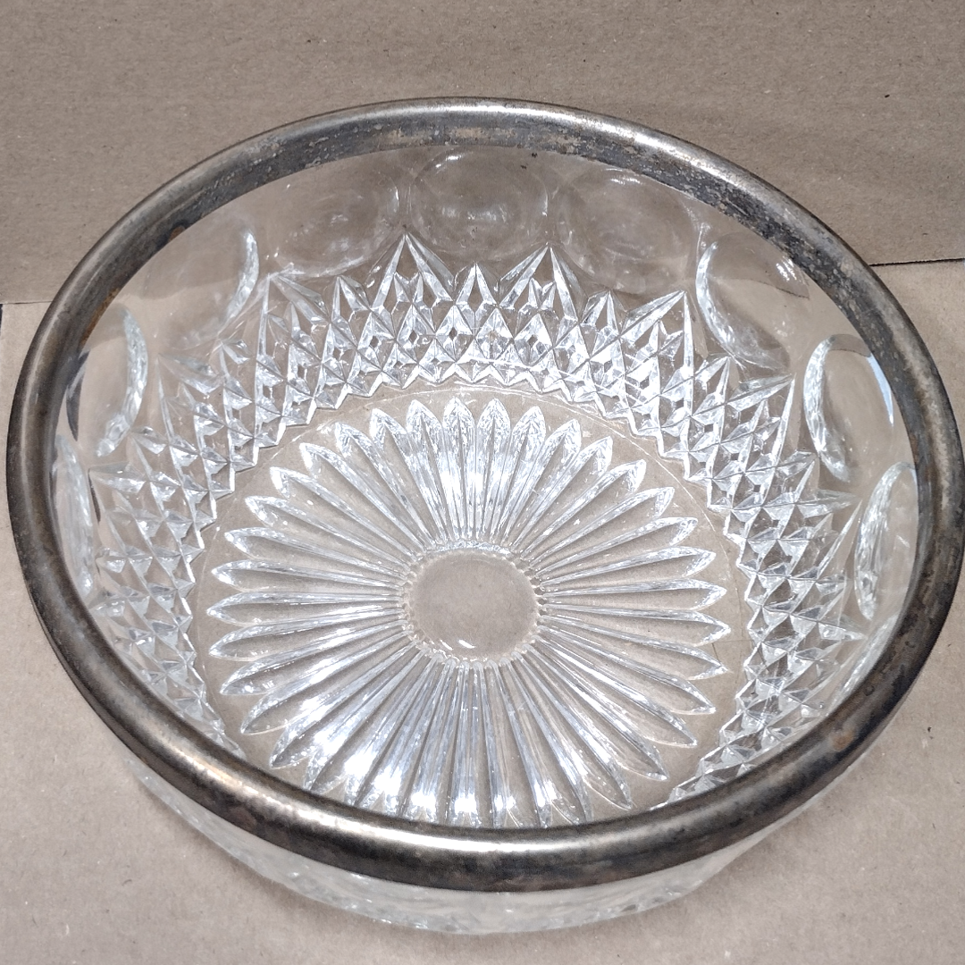 Antique American Brilliant Period Glass Bowl w/ Silver Rim