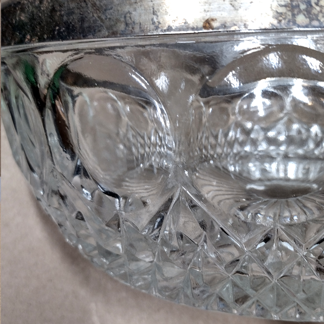Antique American Brilliant Period Glass Bowl w/ Silver Rim