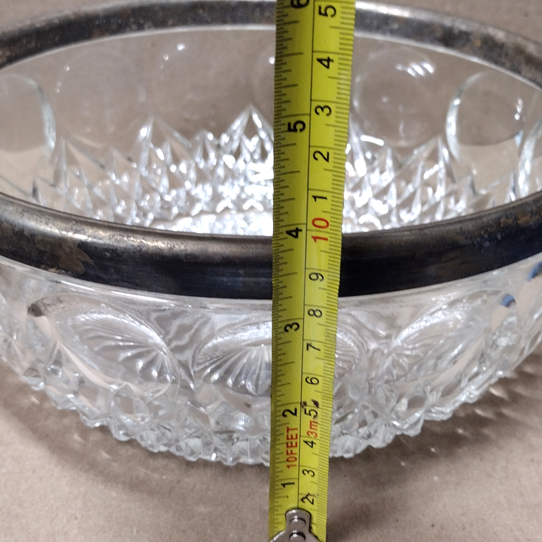 Antique American Brilliant Period Glass Bowl w/ Silver Rim