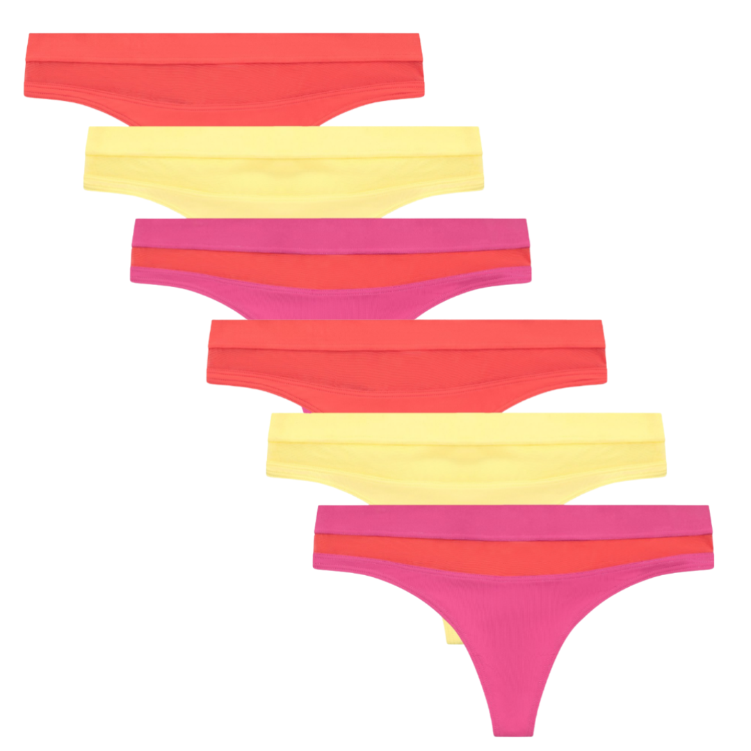 No Boundaries Mesh Madness Thong Panties (Junior or
Women's), 3 Pack Coral Sunrise, Yellow Chamomile, Racy Pink with
Coral Sunshine