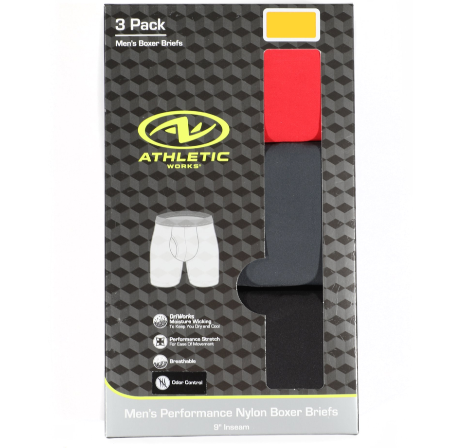 Athletic Works Men's Boxer Briefs Underwear 3 Pack - 9 inch Inseam New