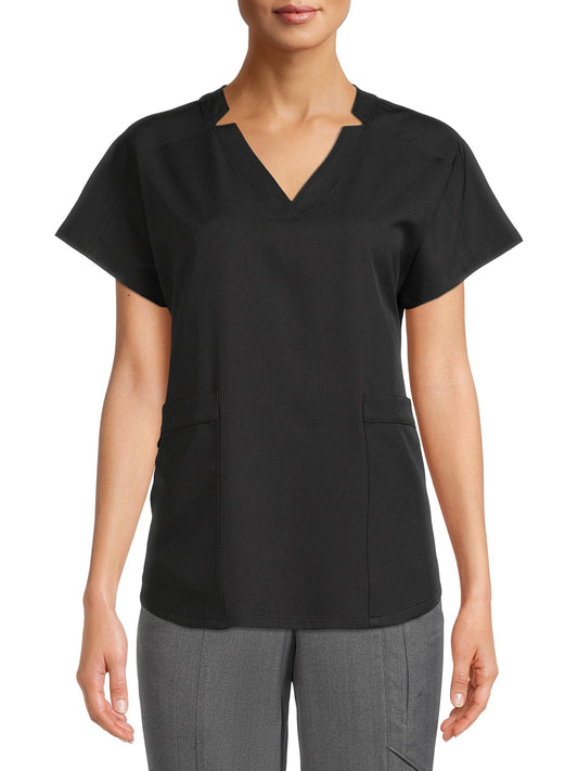 ClimateRight by Cuddl Duds Women’s and Women's Plus Woven Twill V-Neck Scrub Top with Silver Ion Anti-Bacterial Technology Black