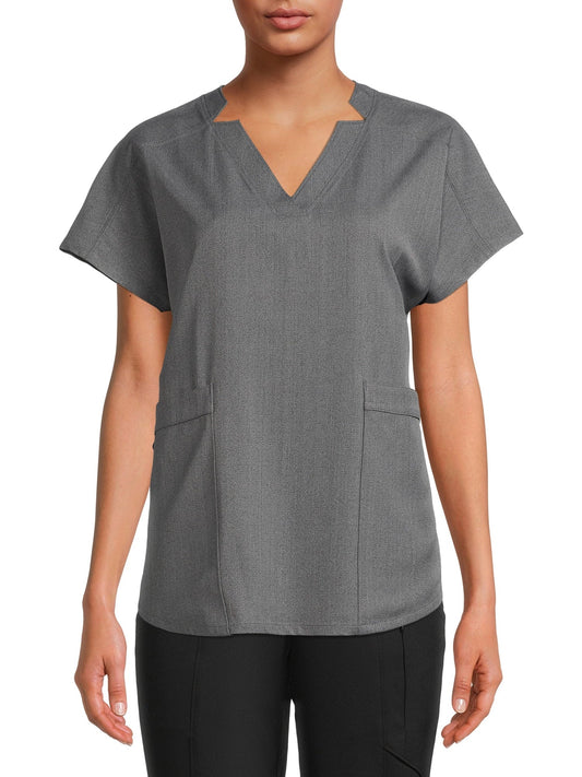 ClimateRight by Cuddl Duds Women’s and Women's Plus Woven Twill V-Neck Scrub Top with Silver Ion Anti-Bacterial Technology Charcoal Heather Grey