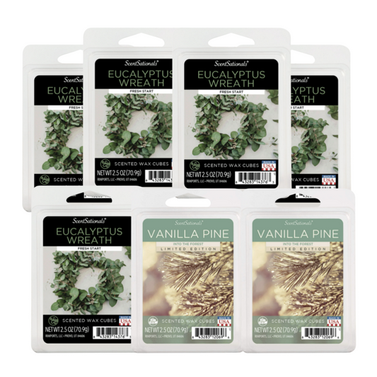 SCENTSATIONALS Eucalyptus Wreath/ Vanilla Pine 2.5 OZ WAX MELTS -LOT 7 PACKAGES