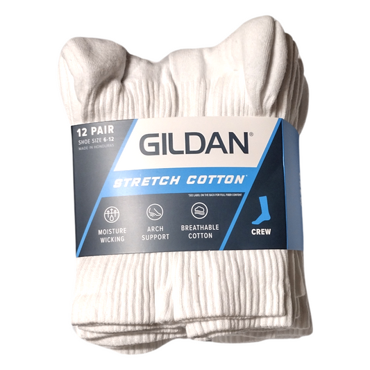 Gildan Men's Stretch Cotton Crew Cut White Socks Shoe Size 6-12 12 pairs