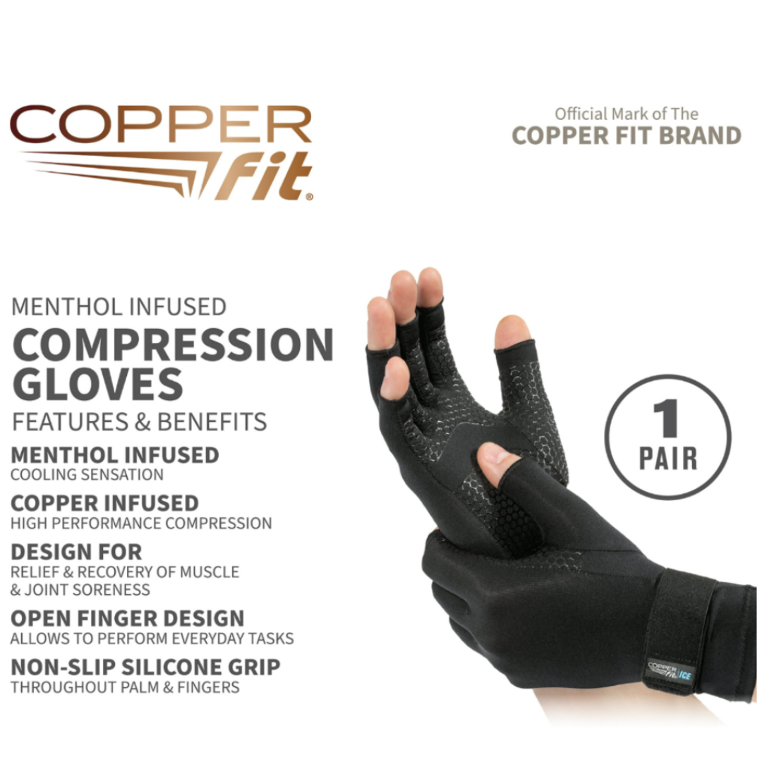 Copper Fit ICE Compression Gloves Infused with Menthol, Black, L/XL