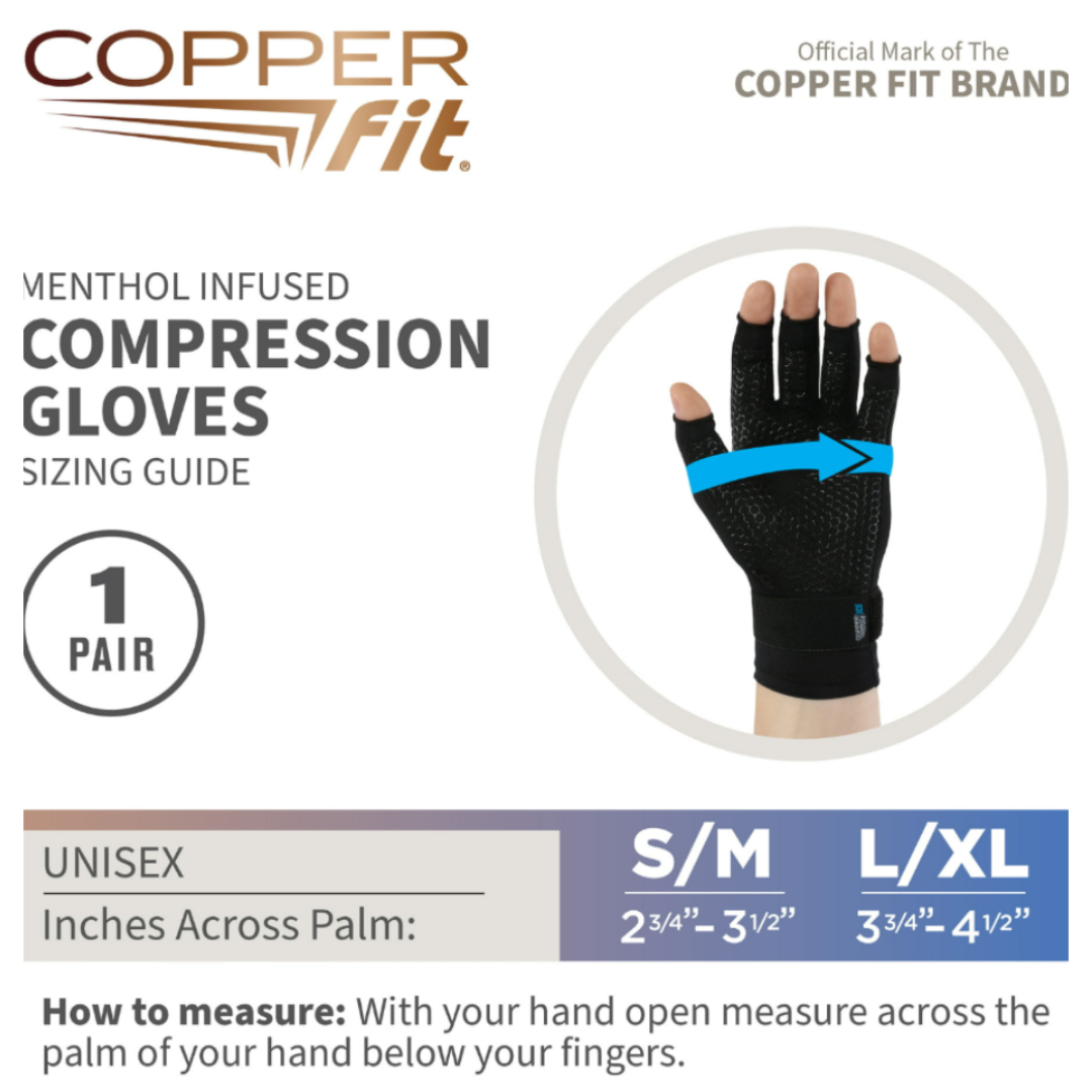 Copper Fit ICE Compression Gloves Infused with Menthol, Black, L/XL