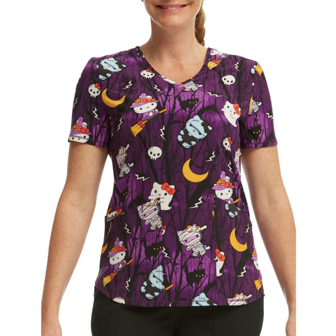 Scrubstar Women's Sanrio Hello Kitty Night Forest V-Neck Print Scrub Top Purple