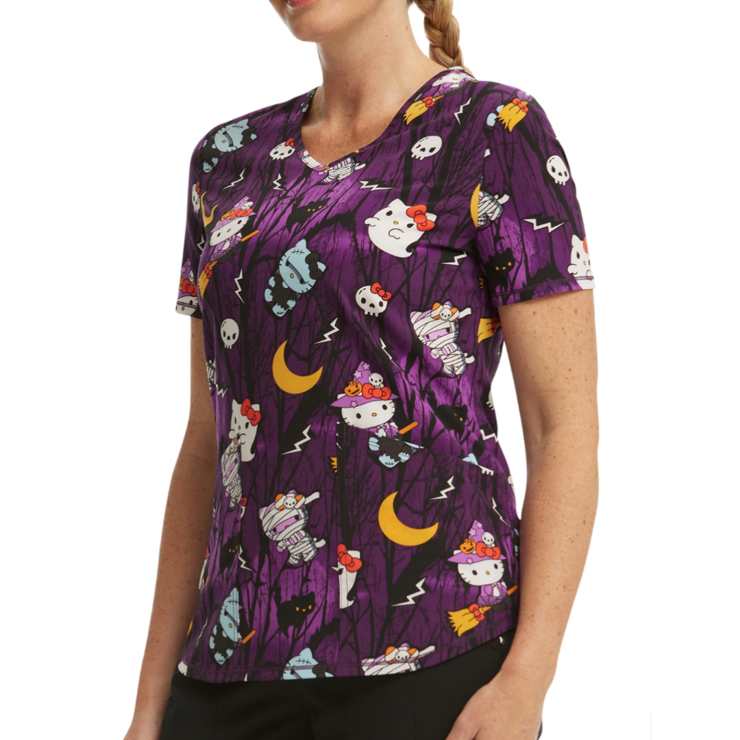 Scrubstar Women's Sanrio Hello Kitty Night Forest V-Neck Print Scrub Top Purple