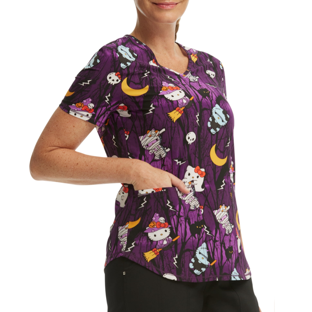 Scrubstar Women's Sanrio Hello Kitty Night Forest V-Neck Print Scrub Top Purple