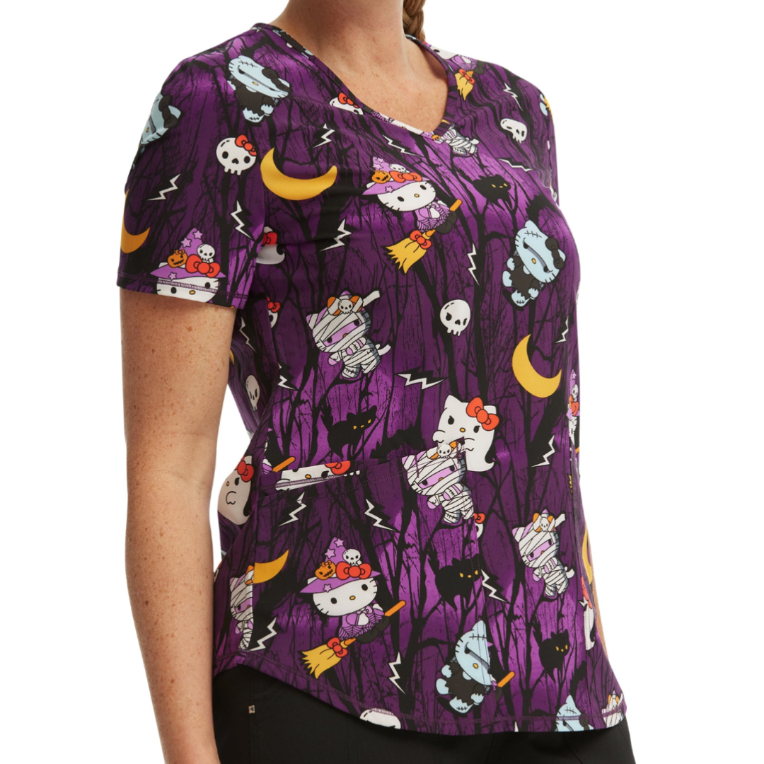 Scrubstar Women's Sanrio Hello Kitty Night Forest V-Neck Print Scrub Top Purple