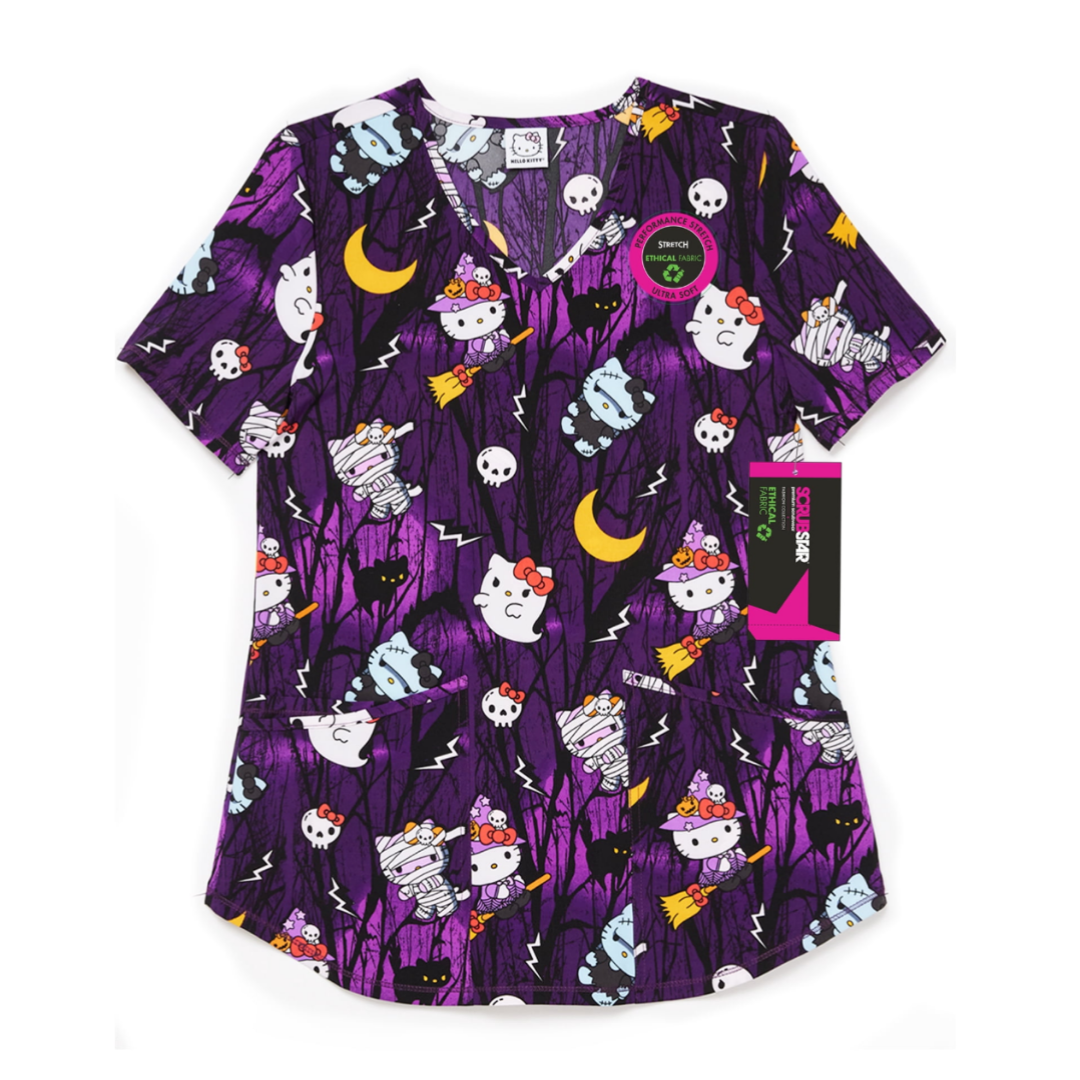 Scrubstar Women's Sanrio Hello Kitty Night Forest V-Neck Print Scrub Top Purple