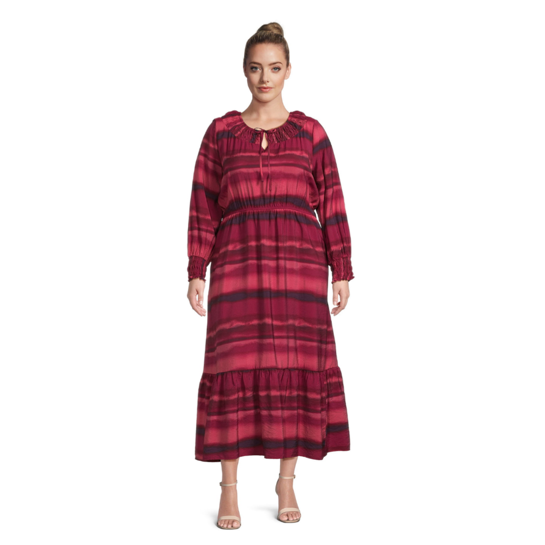 Terra & Sky Women's Plus Peasant Tiered Long Sleeve Maxi Dress  Washy Stripe/Tuscan Rose