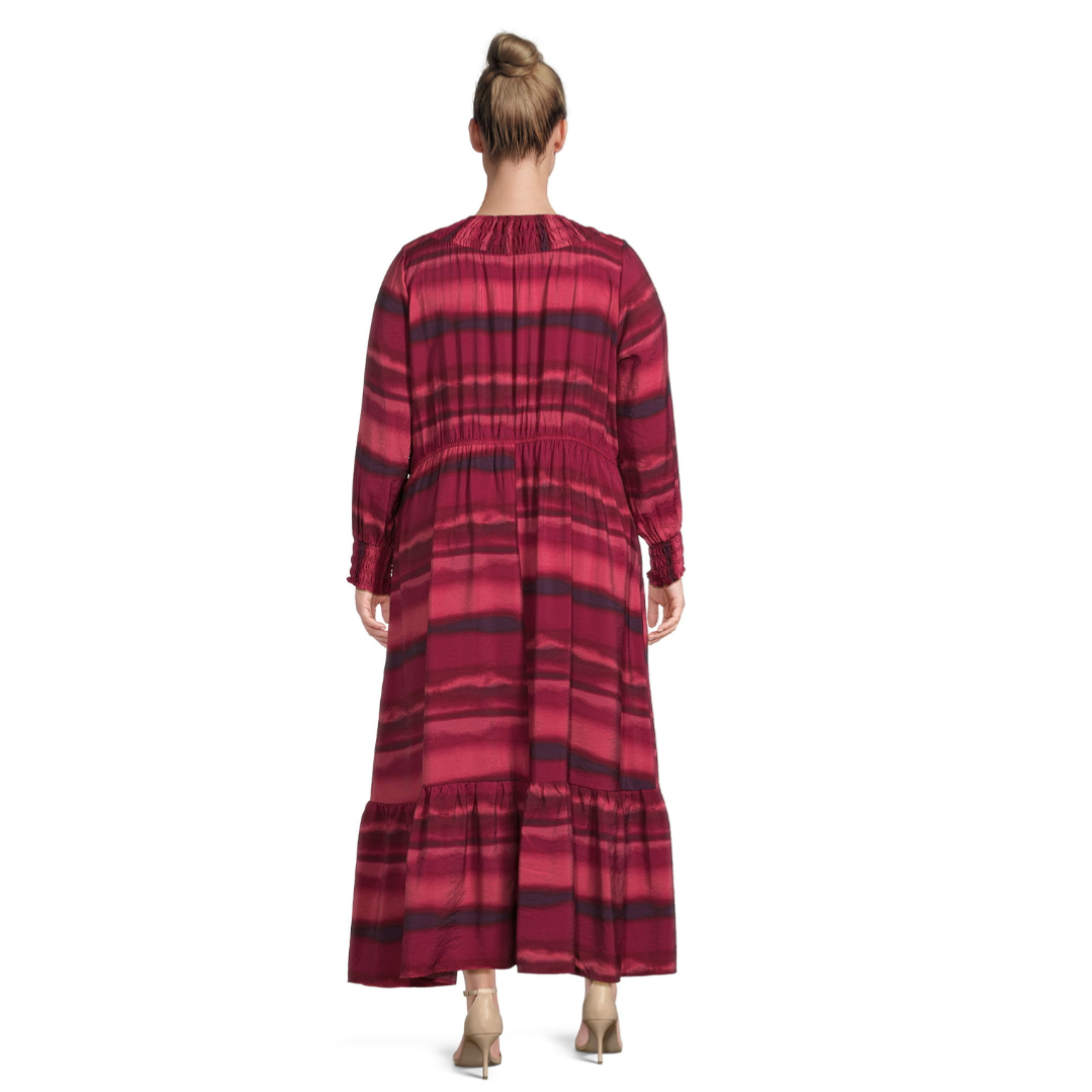 Terra & Sky Women's Plus Peasant Tiered Long Sleeve Maxi Dress  Washy Stripe/Tuscan Rose