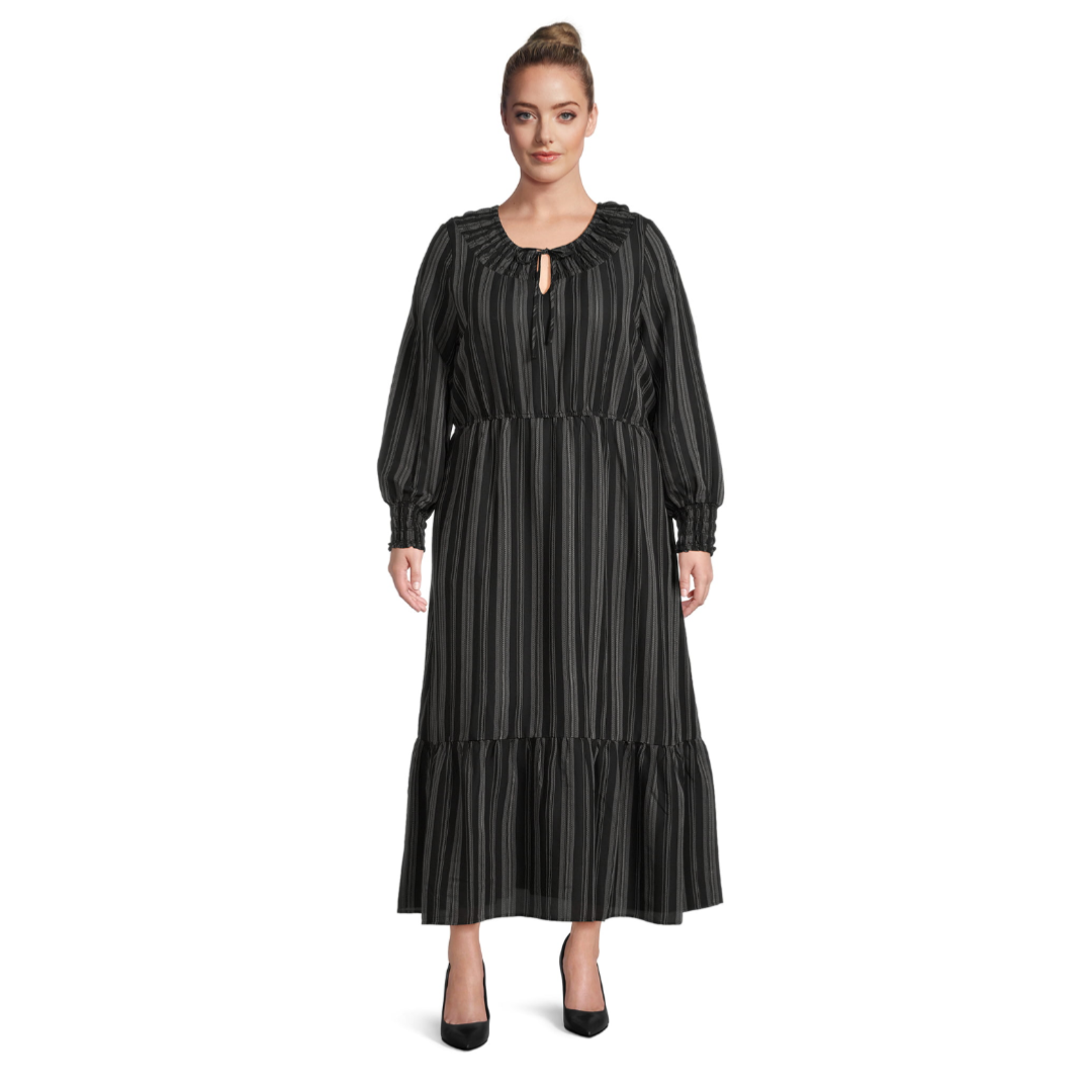 Terra & Sky Women's Plus Peasant Tiered Long Sleeve Maxi Dress Ikat Stripe/Black Soot