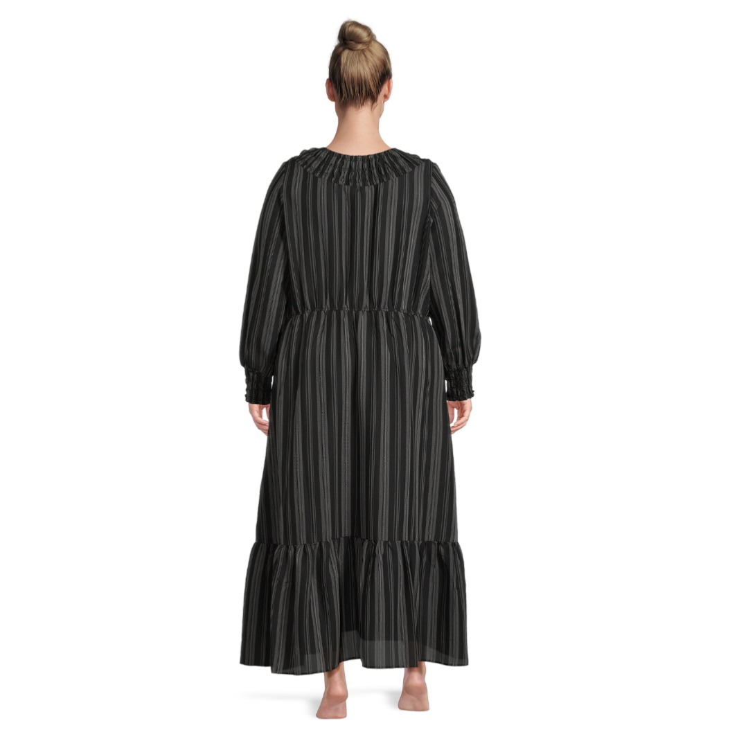 Terra & Sky Women's Plus Peasant Tiered Long Sleeve Maxi Dress Ikat Stripe/Black Soot