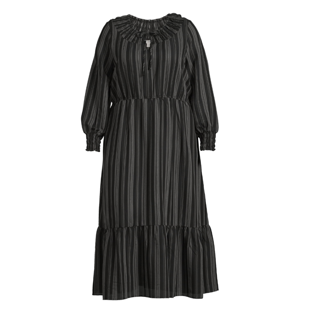 Terra & Sky Women's Plus Peasant Tiered Long Sleeve Maxi Dress Ikat Stripe/Black Soot