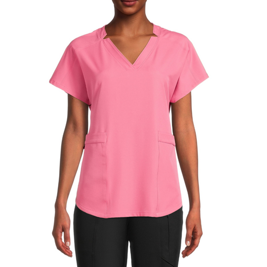 ClimateRight by Cuddl Duds Women’s and Women's Plus Woven Twill V-Neck Scrub Top with Silver Ion Anti-Bacterial Technology Pink