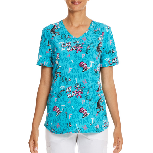 Scrub Star Women's Cat Hat Fun Scrub Top Aquamarine