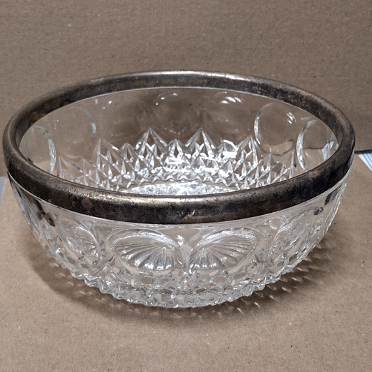 Antique American Brilliant Period Glass Bowl w/ Silver Rim