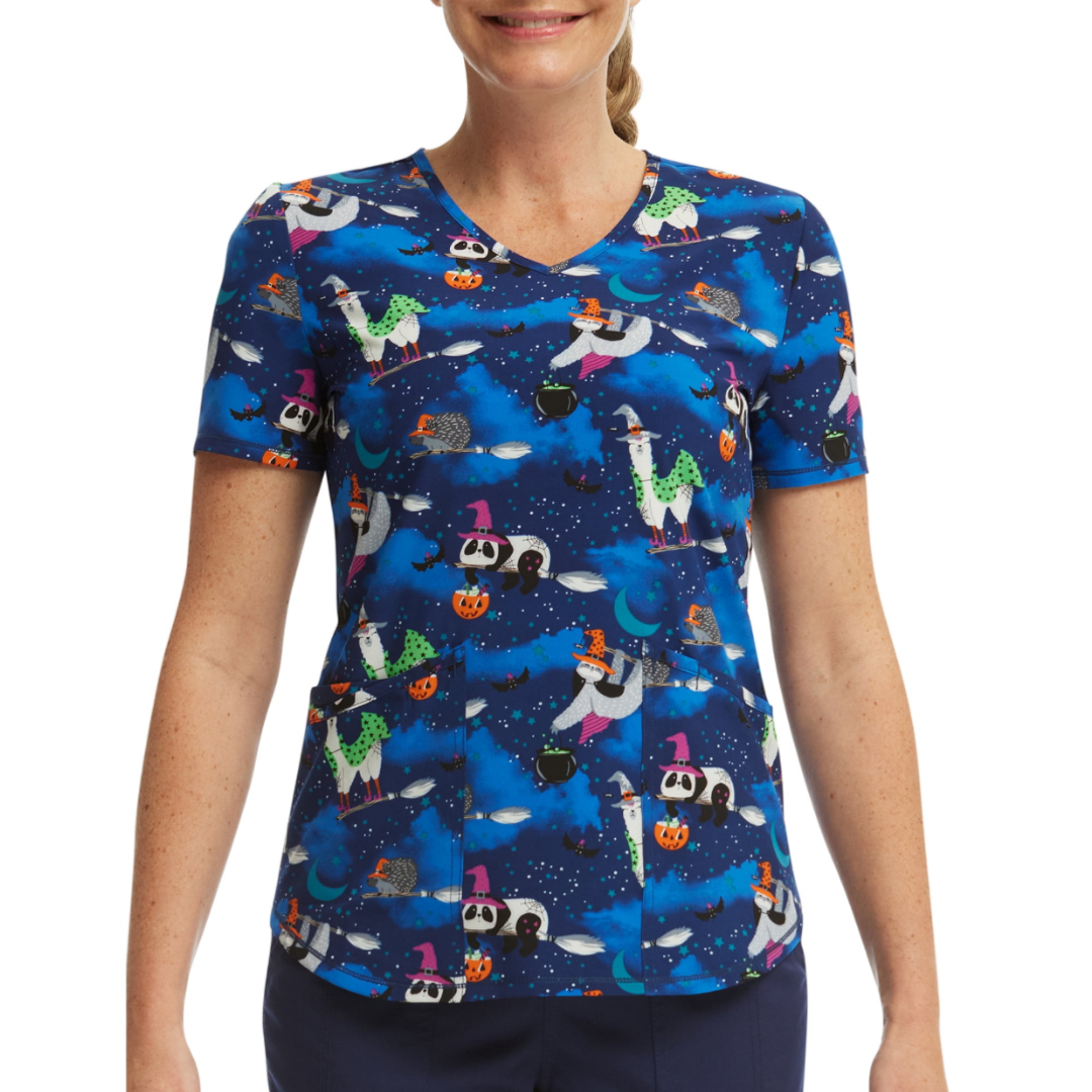 Scrubstar Women's Halloween Creatures V-Neck Print Scrub Top WM32T738GD Indigo