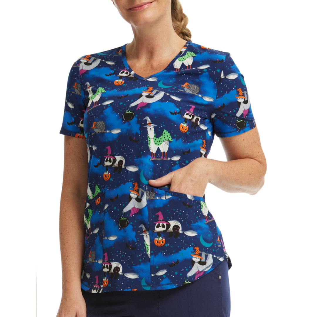 Scrubstar Women's Halloween Creatures V-Neck Print Scrub Top WM32T738GD Indigo