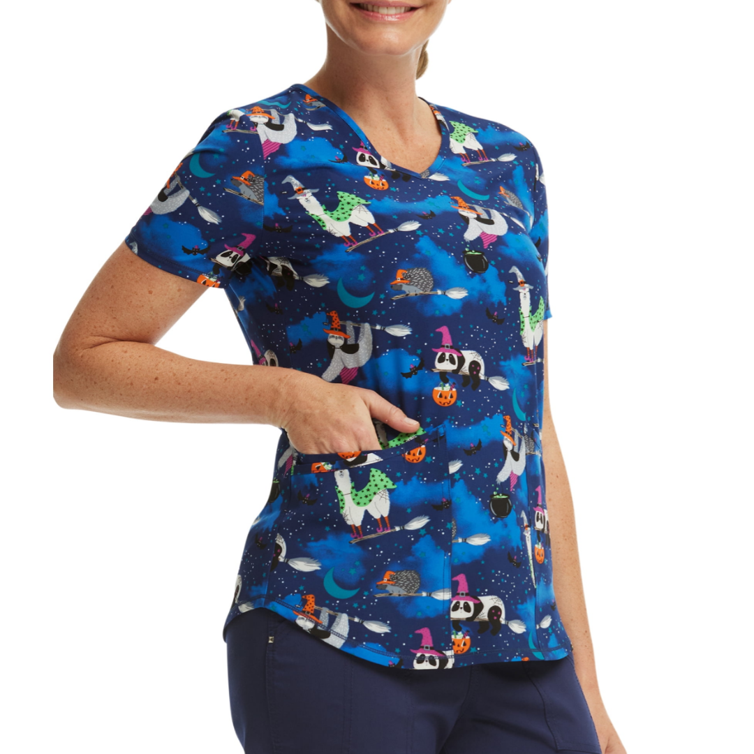 Scrubstar Women's Halloween Creatures V-Neck Print Scrub Top WM32T738GD Indigo