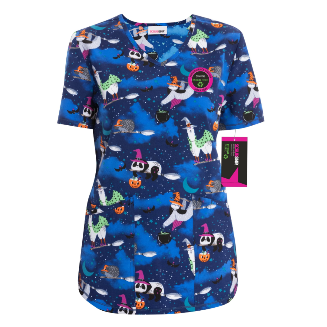 Scrubstar Women's Halloween Creatures V-Neck Print Scrub Top WM32T738GD Indigo