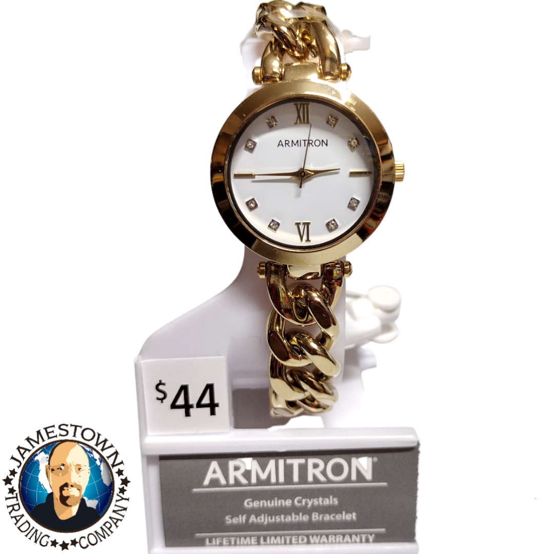 NEW Armitron Women's Gold-Tone Cuban Link Crystal Accented Bracelet Watch