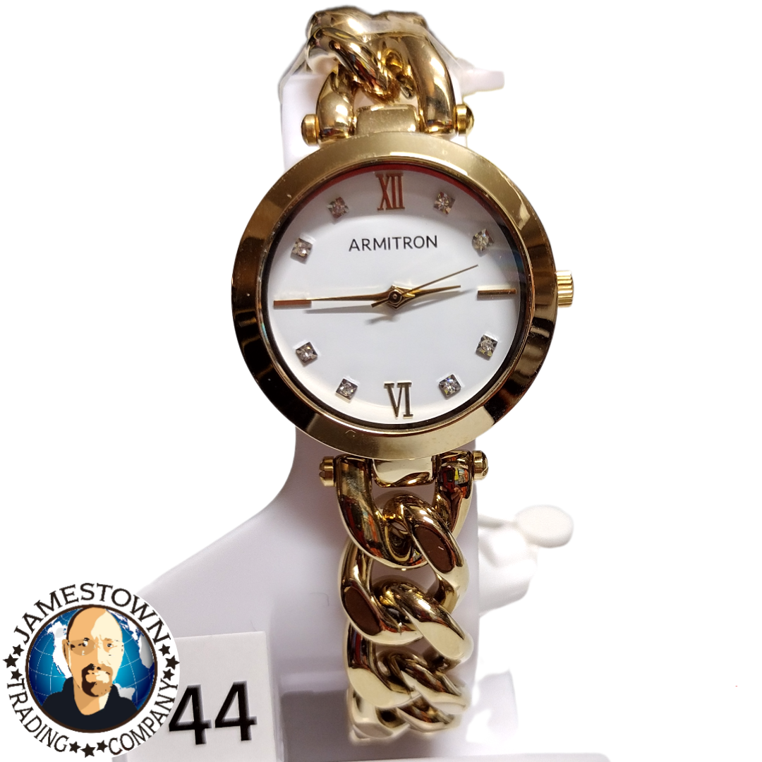 NEW Armitron Women's Gold-Tone Cuban Link Crystal Accented Bracelet Watch