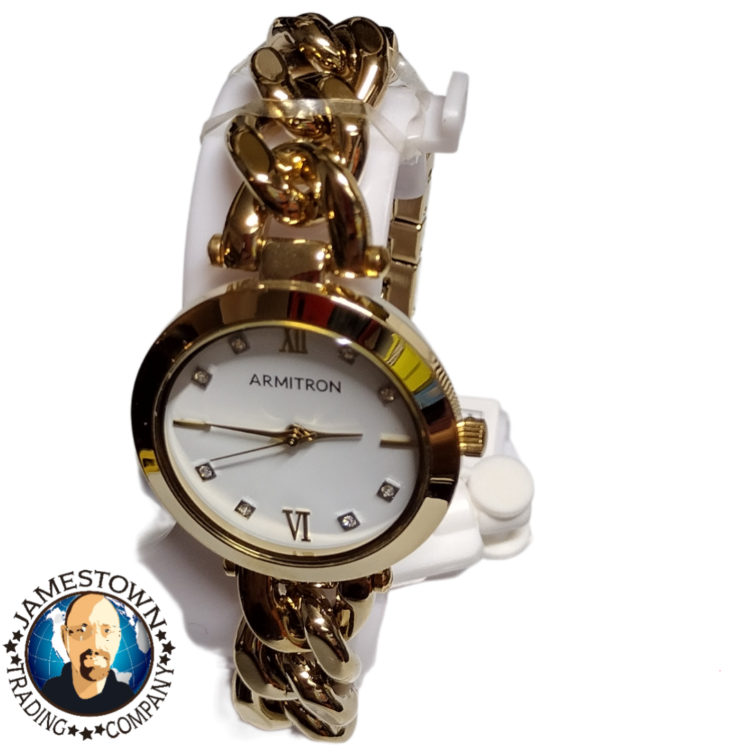 NEW Armitron Women's Gold-Tone Cuban Link Crystal Accented Bracelet Watch