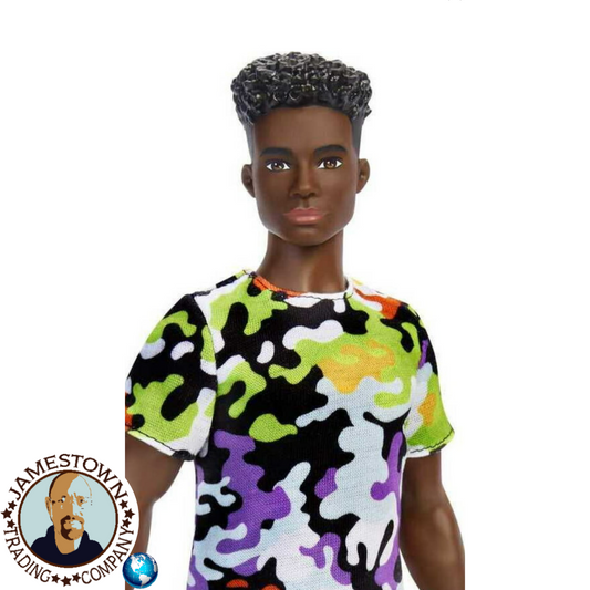 Barbie Ken Fashionistas Doll #123, Broad, Black Curly Hair, Multi-Colored Shirt, Green Shorts