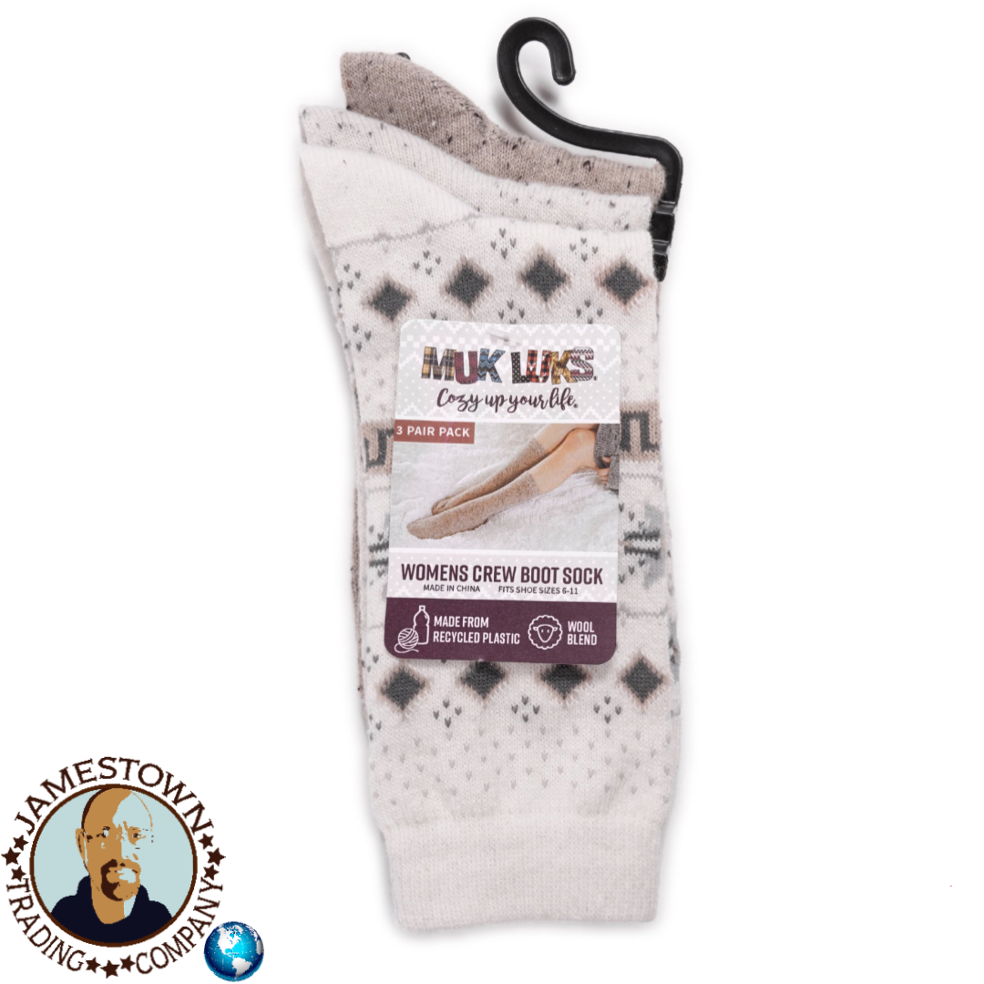 Bolo MUK LUKS Women's Boot Socks, 3 Pairs Ivory Fairisle and Ivory / Beige assortment