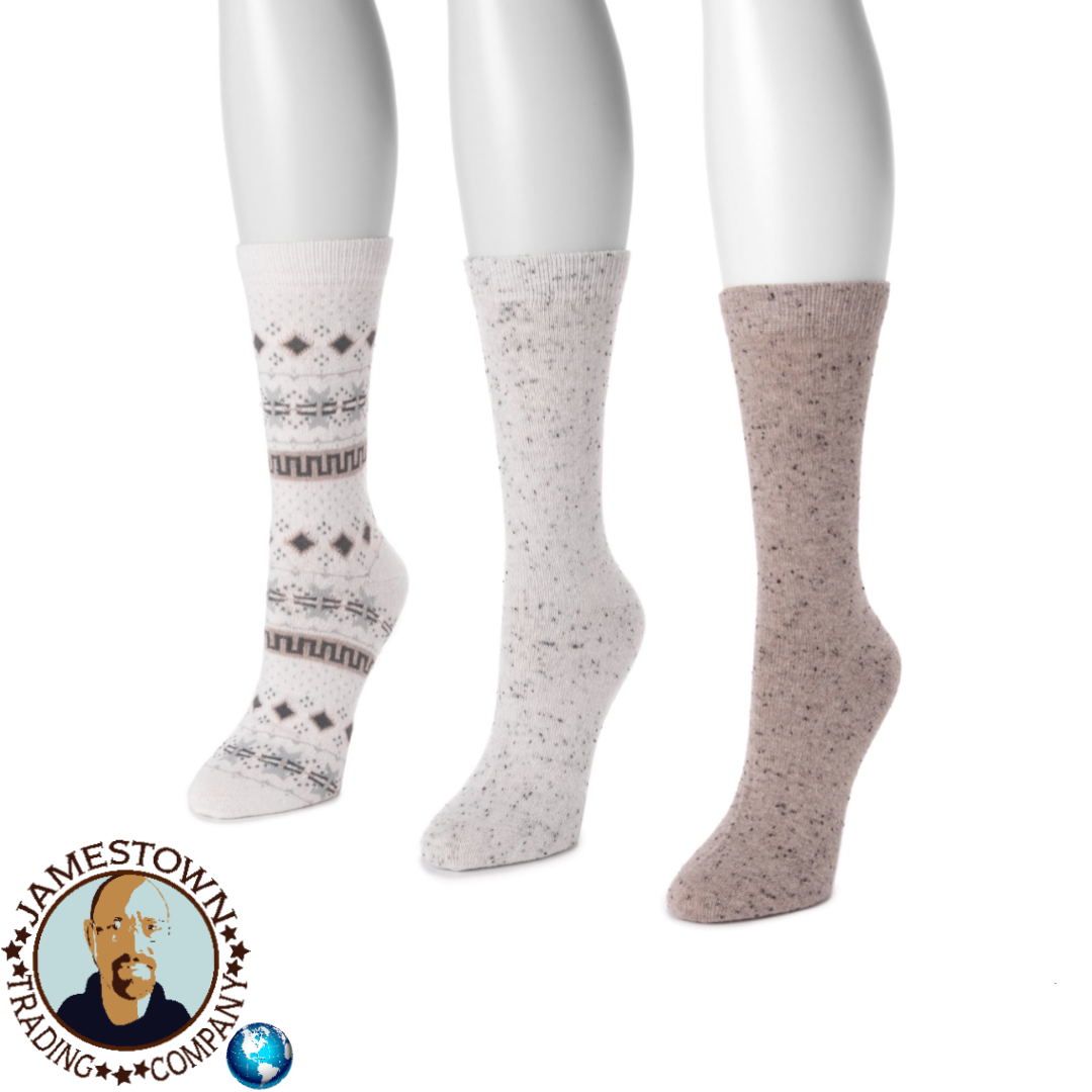 Bolo MUK LUKS Women's Boot Socks, 3 Pairs Ivory Fairisle and Ivory / Beige assortment