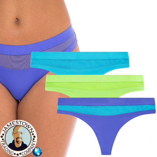 No Boundaries Mesh Madness Thong Panties (Junior or Women's), 3 Pack True Cyan, Scuba Lime, Peri Pop, with True Cyan