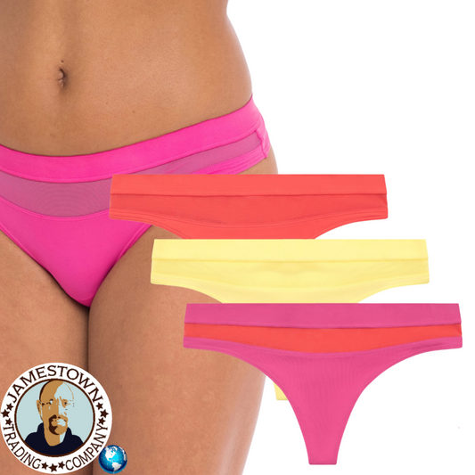 No Boundaries Mesh Madness Thong Panties (Junior or

Women's), 3 Pack Coral Sunrise, Yellow Chamomile, Racy Pink with

Coral Sunshine